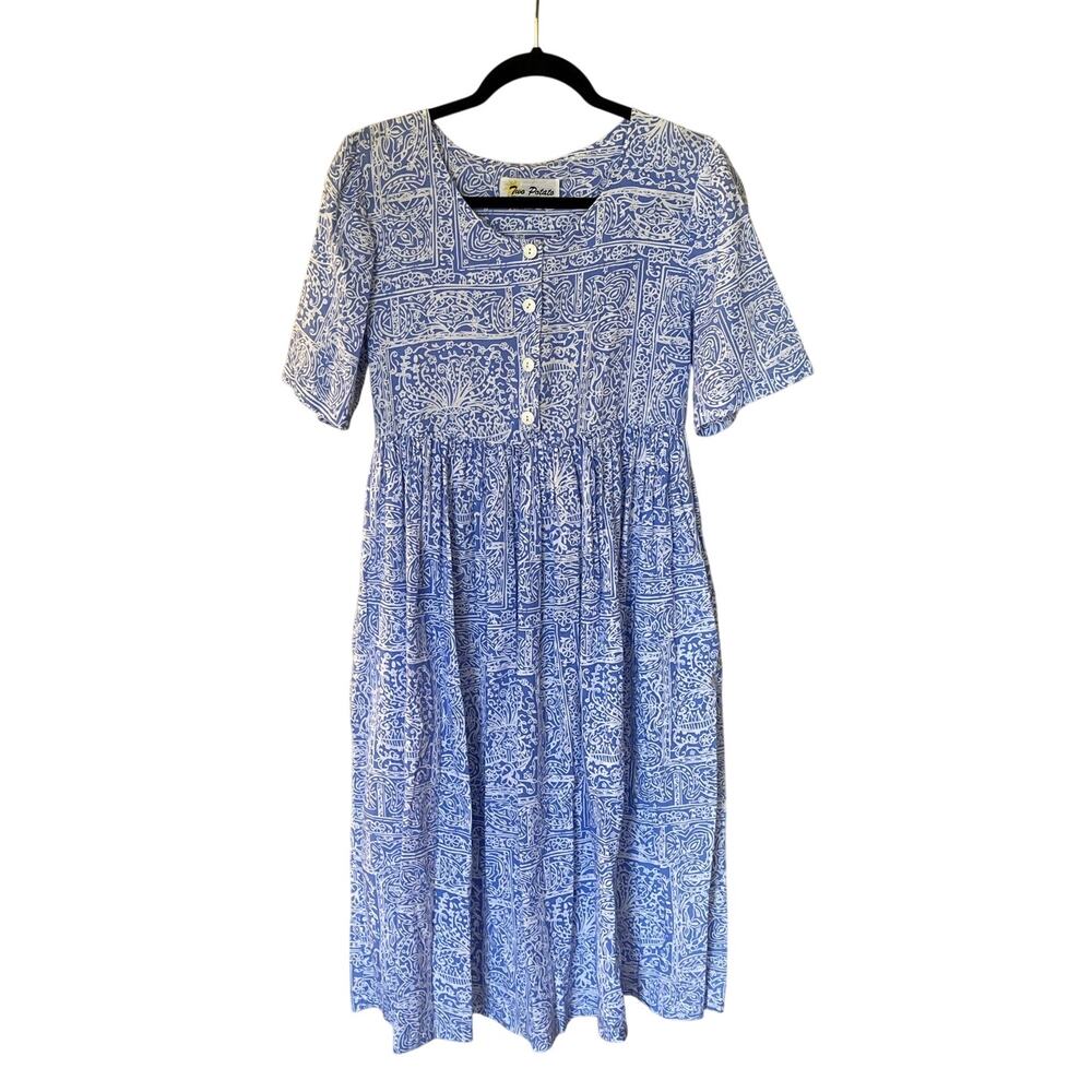 VTG Two Potato Laguna Beach Blue White Artsy Empire Waist Midi Dress Women’s S